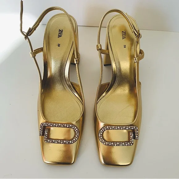 ZARA Embellished Block Heel Slingback Shoes Gold - Picture 6 of 15
